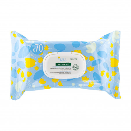 KLORANE – LINGETTES NETTOYANTES DOUCES POUR LE CORPS AU CALENDULA APAISANT – BÉBÉ – PEAU NORMALE À SÈCHE 70 U - Parafam